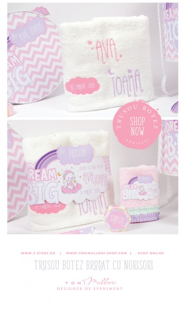 Trusou de botez personalizat si brodat cu norisori pufosi si ursuleti pentru fete, Dream big little girl 12